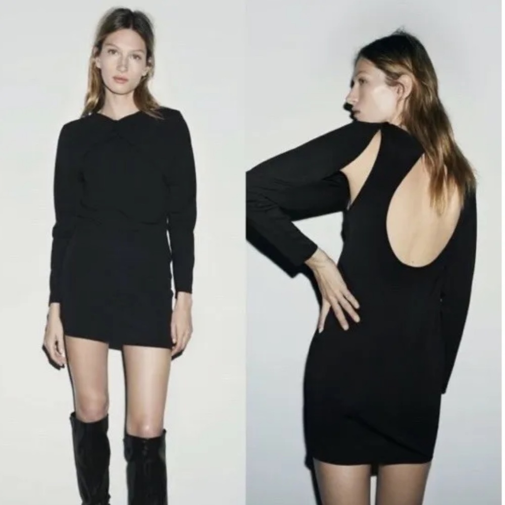 ZARA Knotted Overlay Back Slit Black Dress Size M NWT - Picture 8 of 14